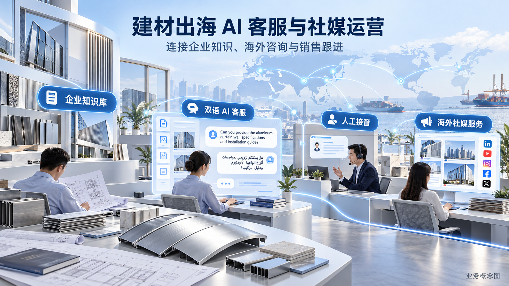 建材资料、双语咨询与销售协作的AI业务概念图